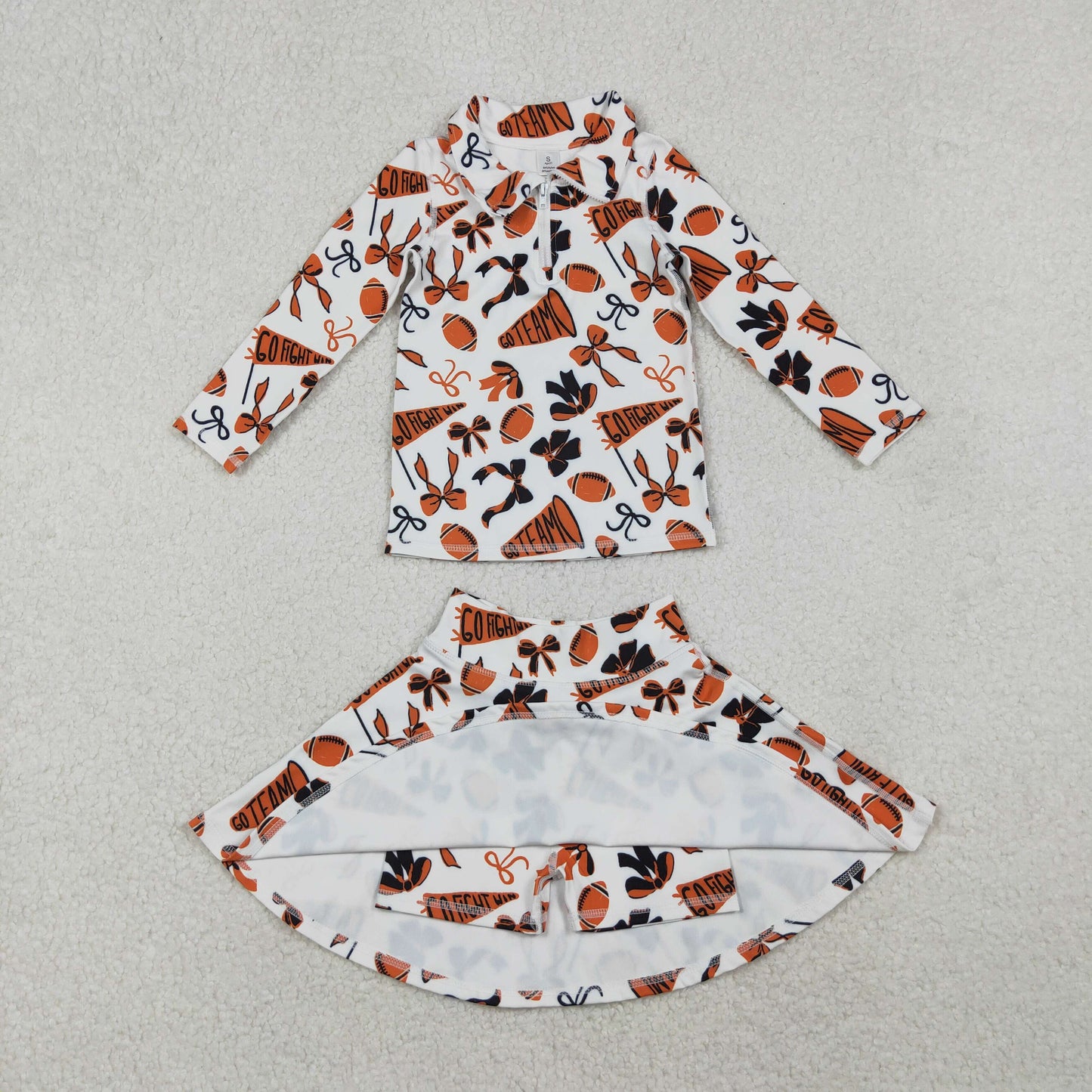 go team fight win football orange bows two piece zipper athletic skirts outfit