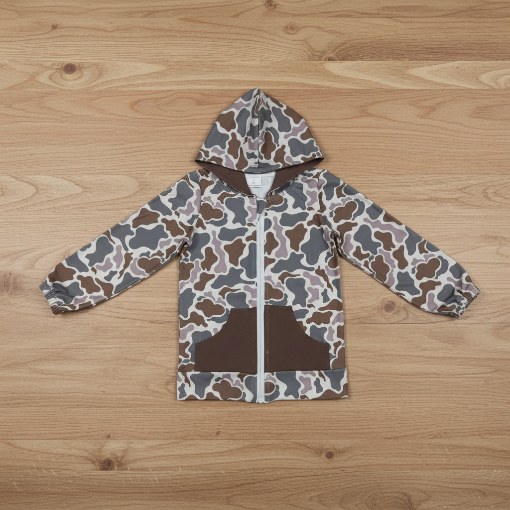 full zip camo hooded jacket with pocket