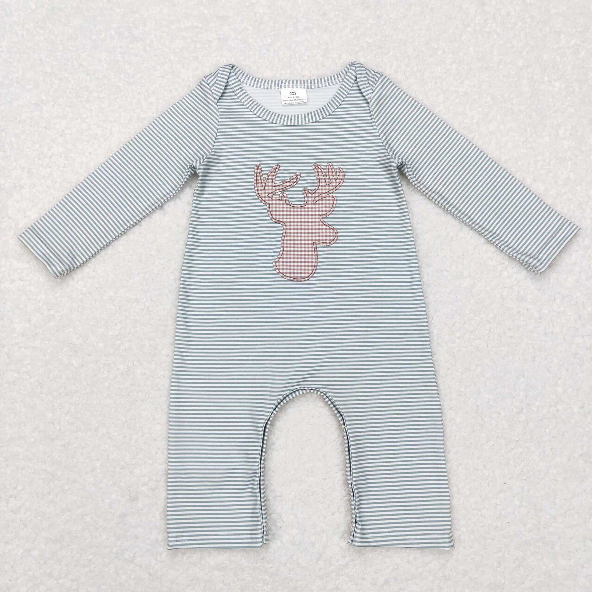 baby boy green stripe deer embroidery romper