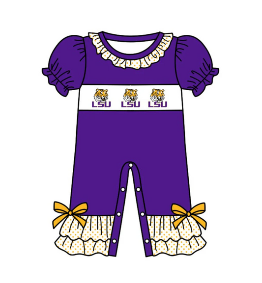 TAT 5-6 weeks MOQ 3 Team's LSU Purple Print Baby Girl Romper