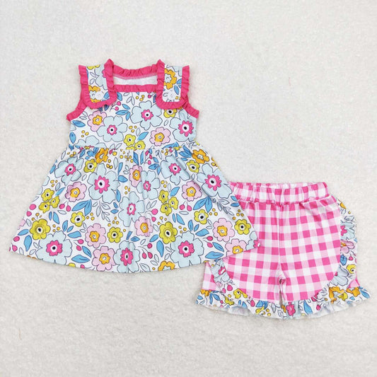 sleeveless flower ruffle shorts set