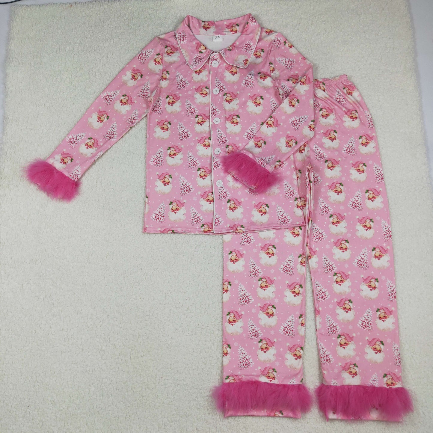 pink santa trees Christmas women button pajama set