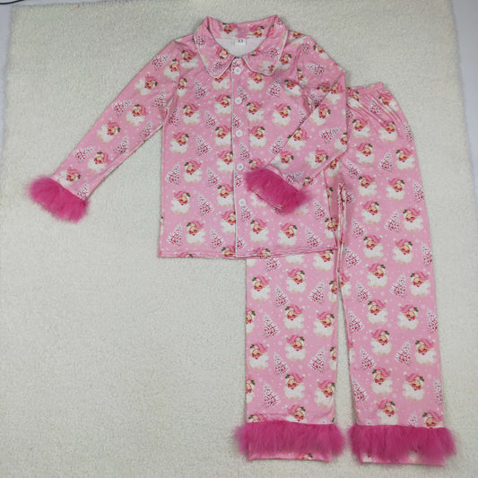 pink santa trees Christmas women button pajama set