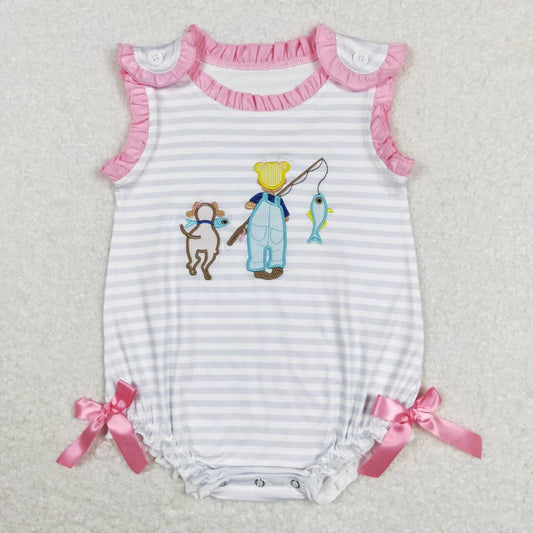 infant girl stripe gone fishing embroidery bubble