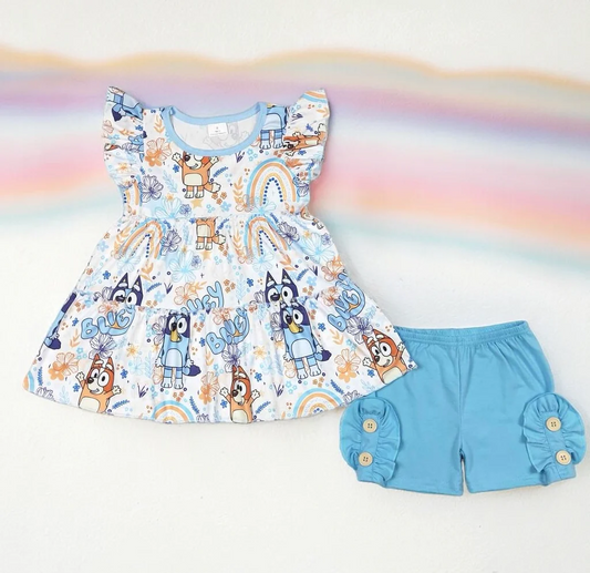 blue dog &rainbow shorts two piece set girl summer clothing