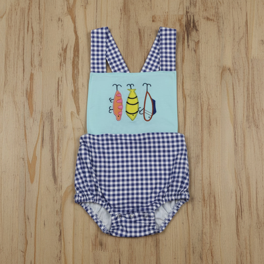 blue gingham fish hook embroidery cross back bubble