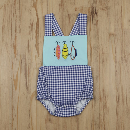 blue gingham fish hook embroidery cross back bubble