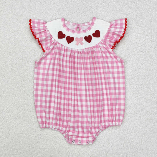 heart embroidery pink plaid bubble valentine clothes