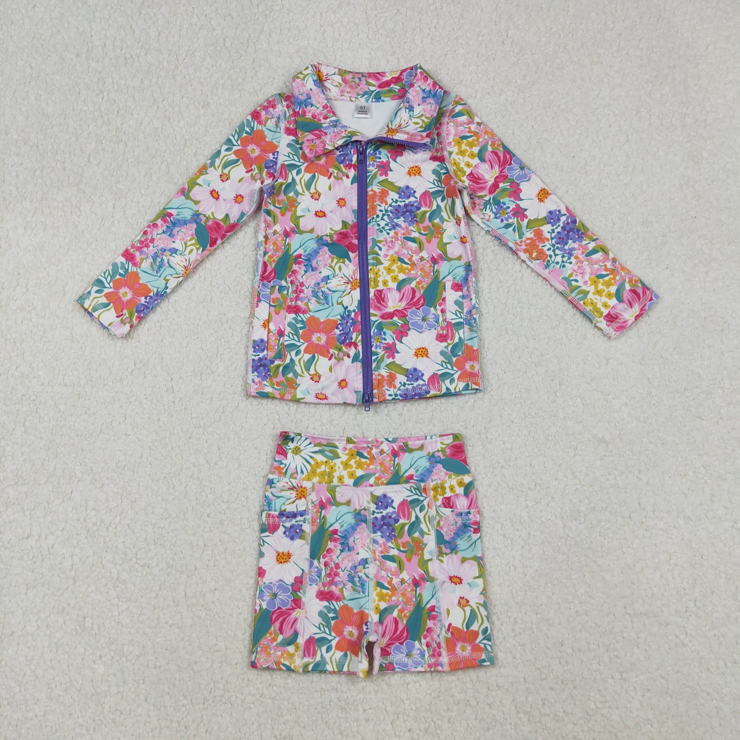 long sleeve colorful flower two pieces athletic outfit little girl activewear