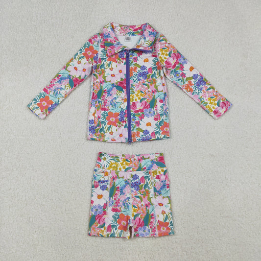 long sleeve colorful flower two pieces athletic outfit little girl activewear