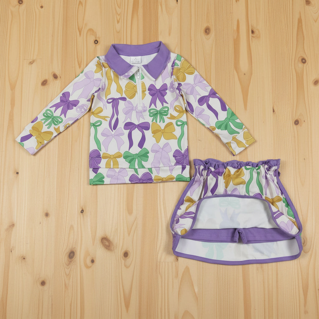 mardi gras coquette long sleeve zip pullover skort set outfit