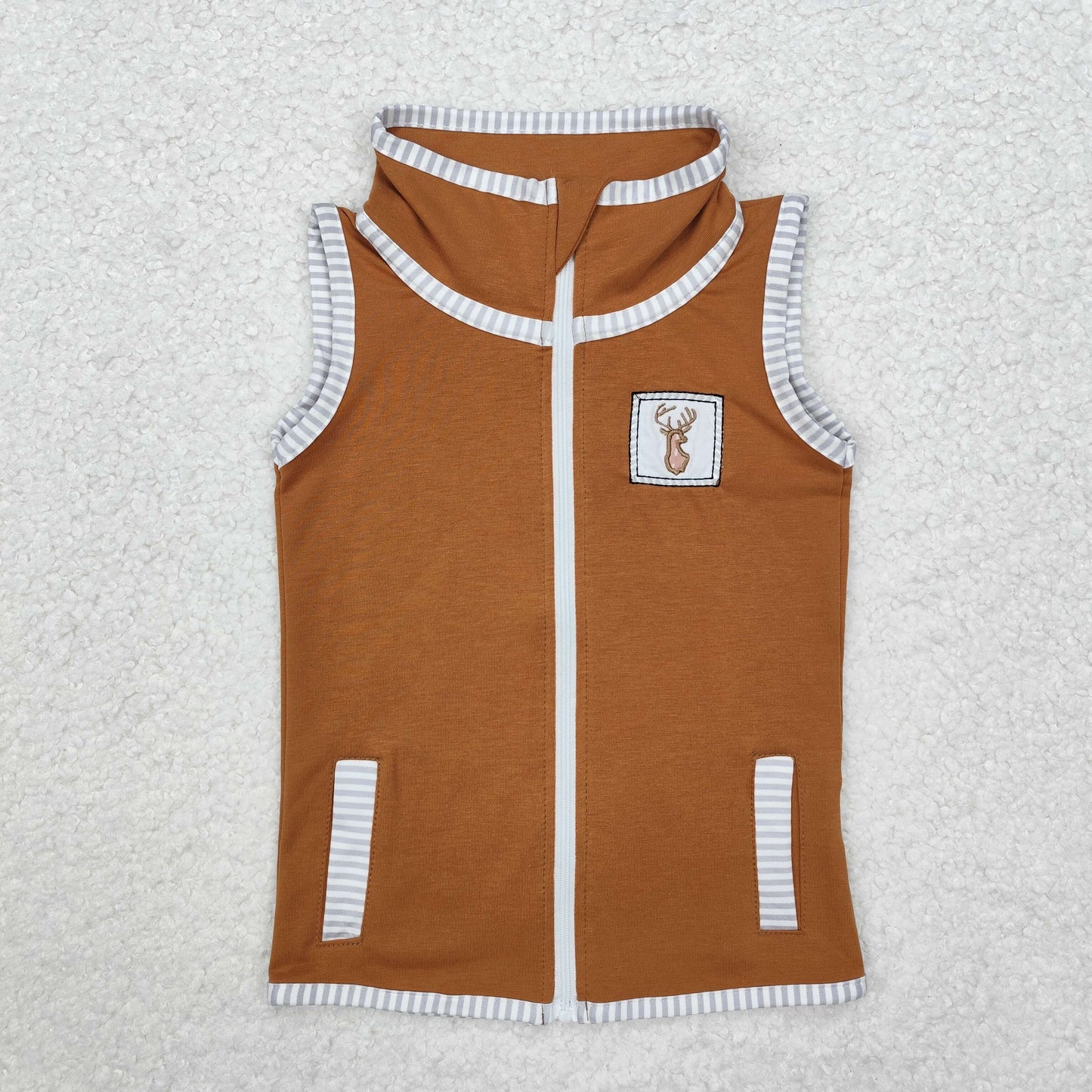 deer embroidery baby boy brown vest with pocket