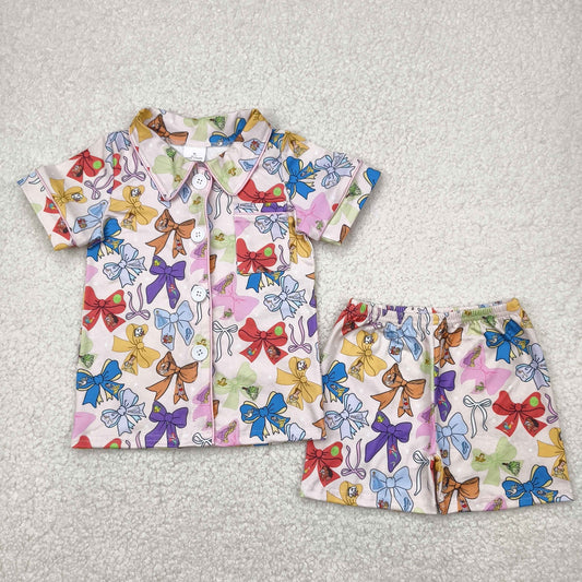 cartoon coquette bow button down shorts pajama set