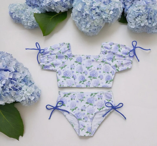 Two piece blue hydrangea flowers swimsuit