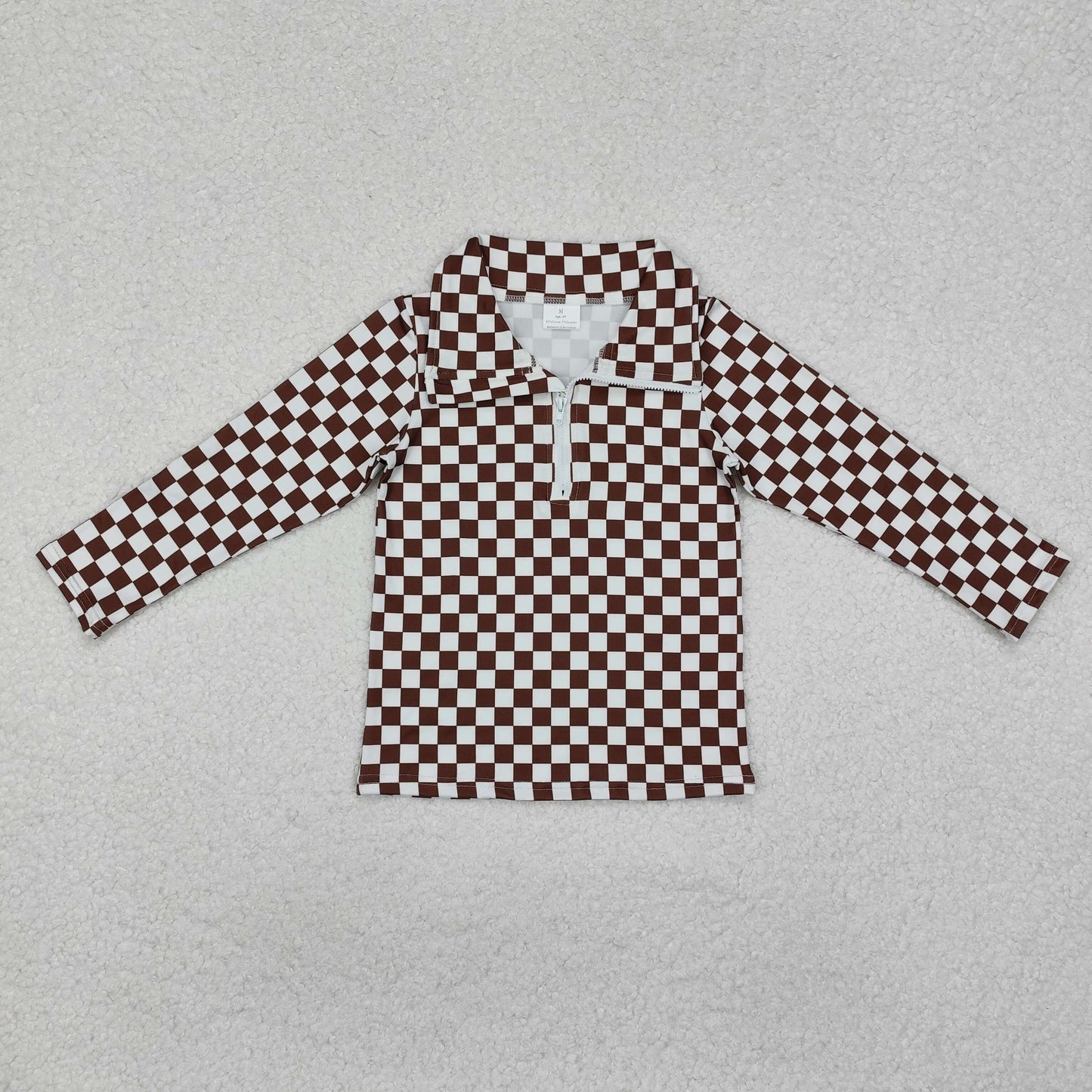 kids brown checkered half zip pullover