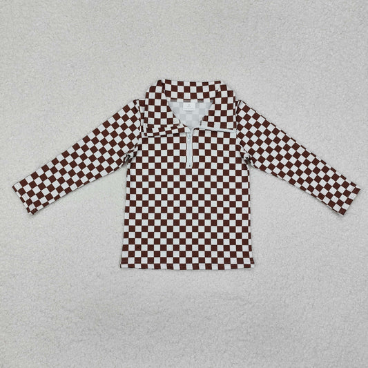 kids brown checkered half zip pullover