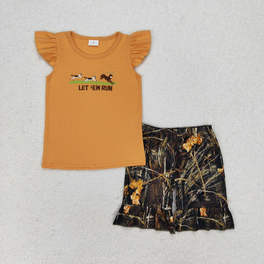 embroidery let'em run shorts set baby girl summer clothing