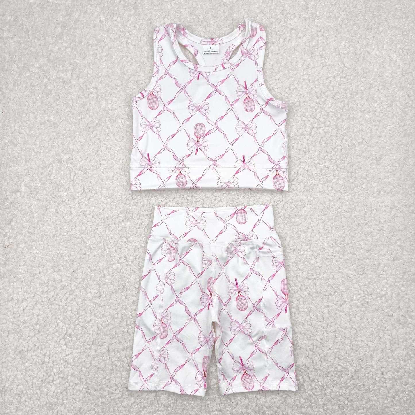 kids girl yoga suit pink bow tennis athletic tank shorts set