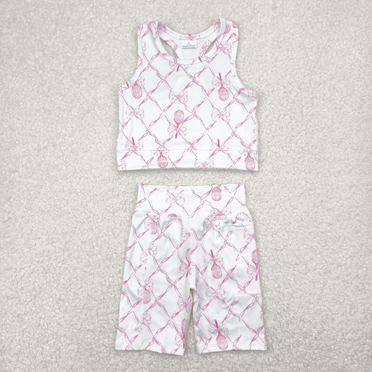 kids girl yoga suit pink bow tennis athletic tank shorts set