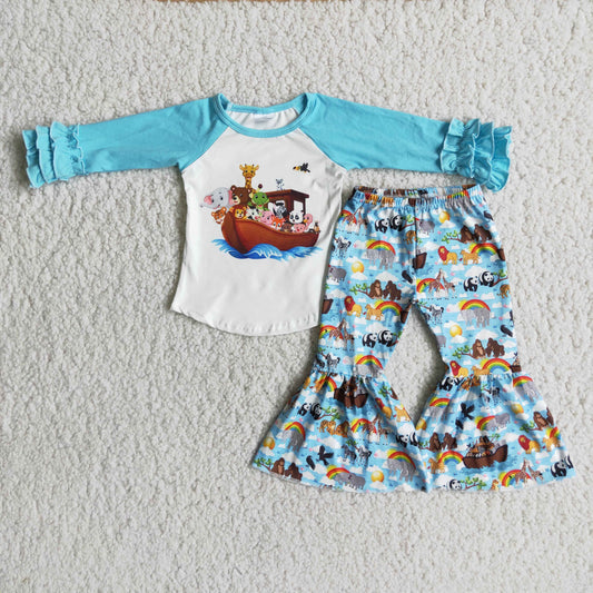 blue cartoon animal raglan shirt bells set