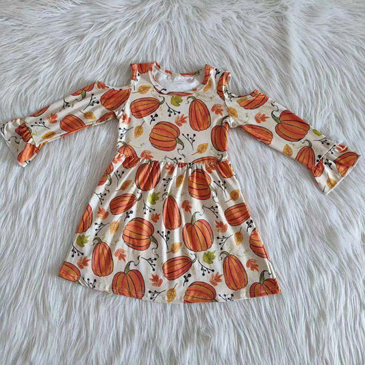 Pumpkin Print Fall Girls Dress