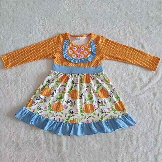 Orange Pumpkin Print Fall Girls Dress