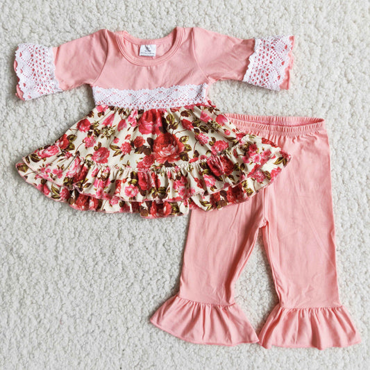 pink half sleeve floral ruffle outfit