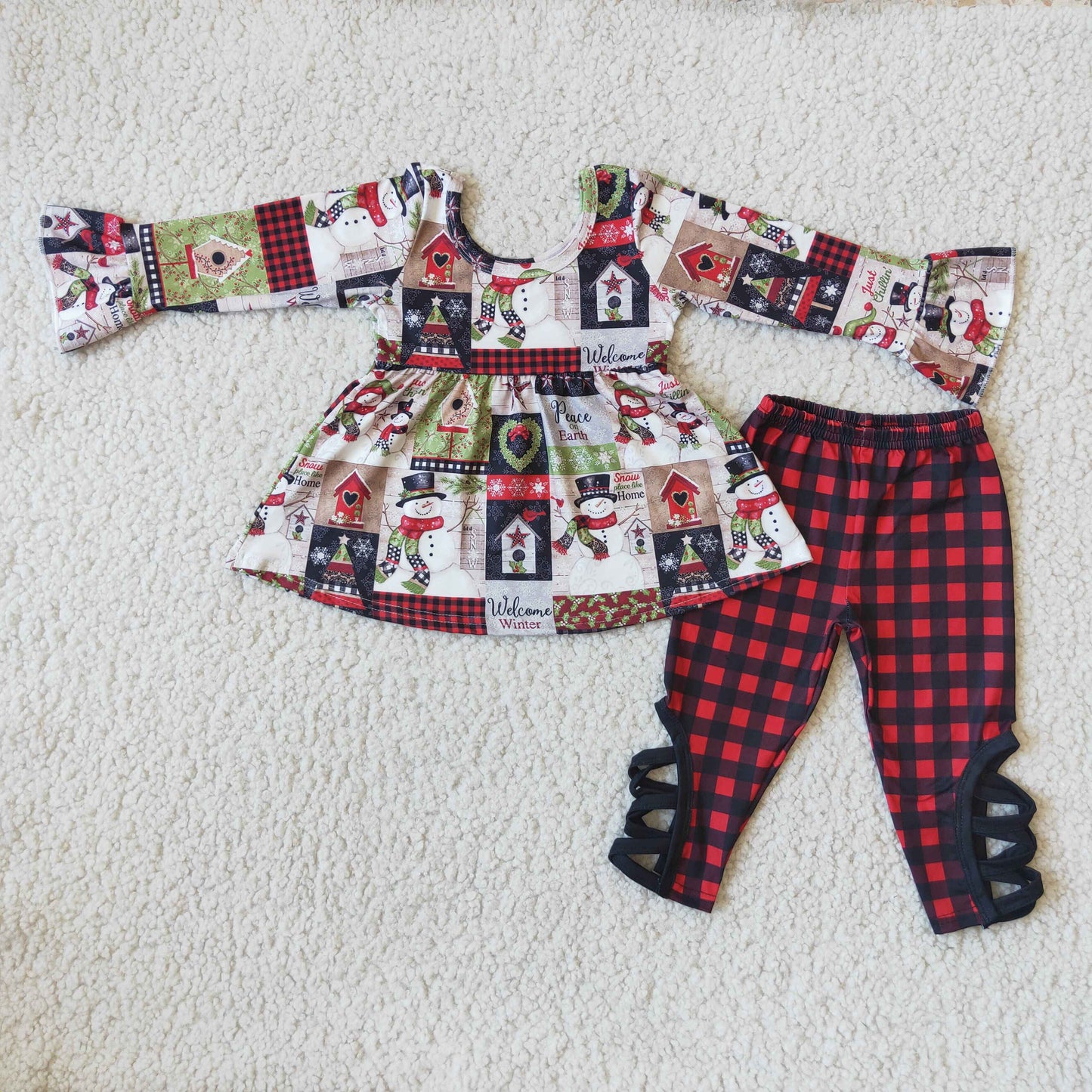 Girl Snowman Outfit Red Plaid Leggings Set for Christmas