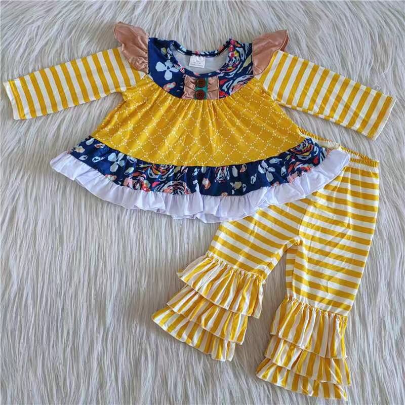 yellow stripe ruffle pants set