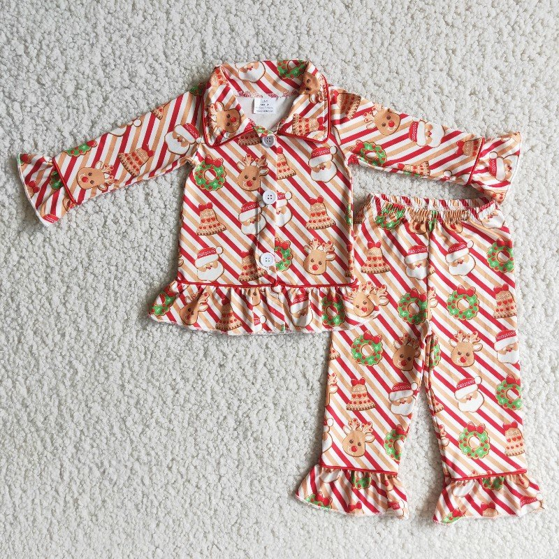 stripes santa reindeer button pajama set girl 6 A23-18