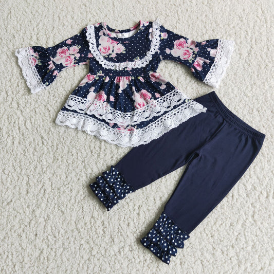 girl navy blue floral lace top icing pants set