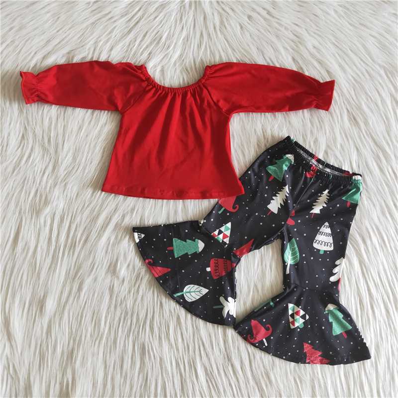 red cotton top christmas tree bell bottom outfit
