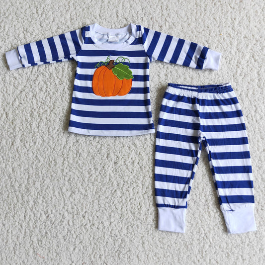 kids fall pumpkin embroidery blue stripe pajama