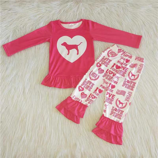 girl love pink dog print ruffle pants set