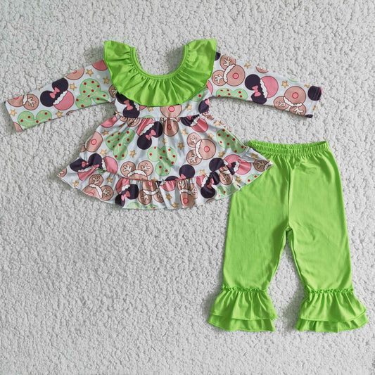 girl green cartoon bow ruffle pants set