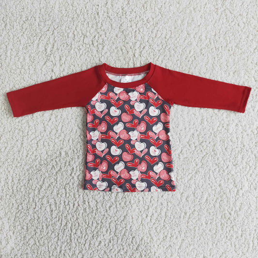 heart print red raglan shirt 6 B3-4