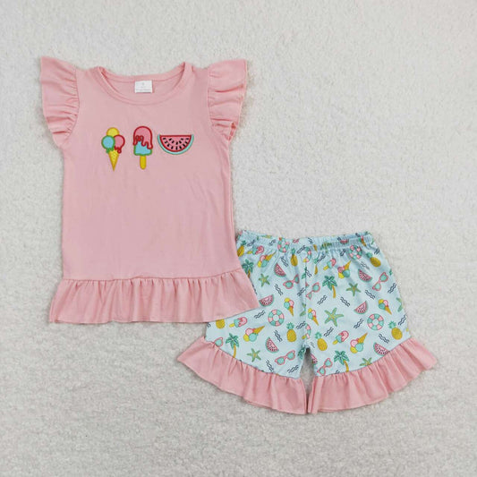 girl embroidery beach shorts set