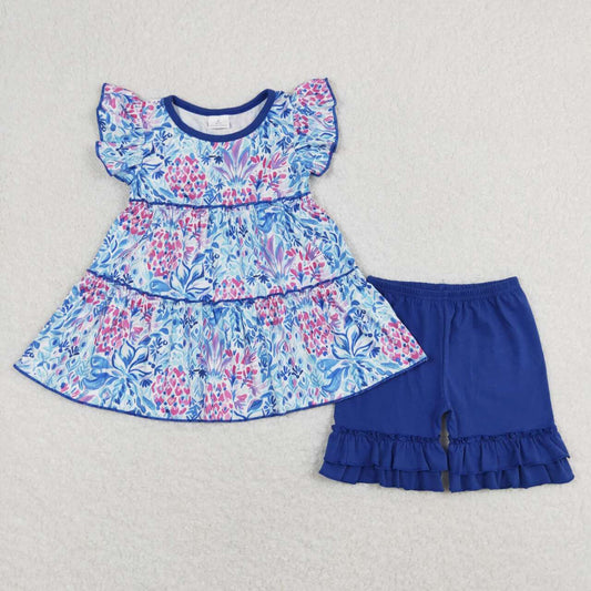 girl summer tunic blue ruffle shorts outfit