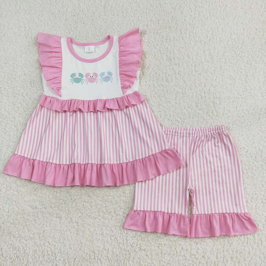 pink stripe crab print shorts set girl clothing