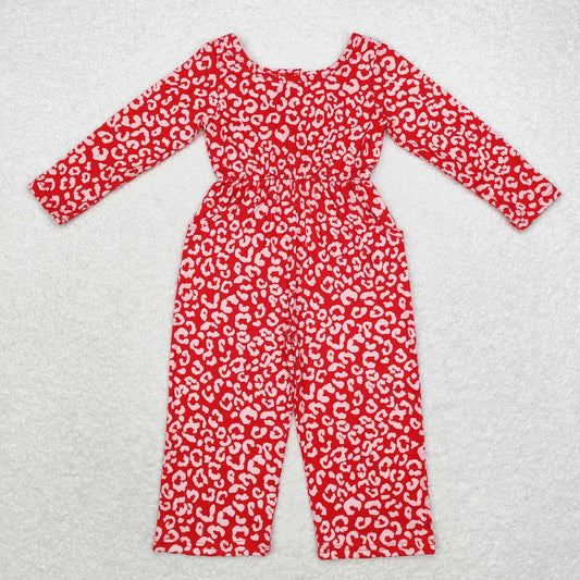 girls long sleeve red leopard pocket jumpsuit