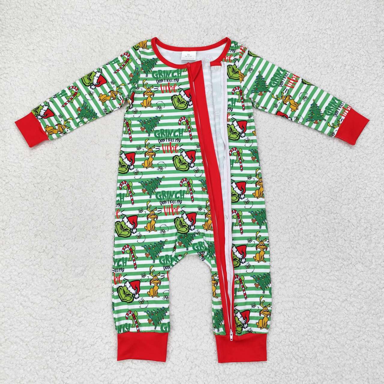 baby boy Christmas green stripes grinchey zip sleeper