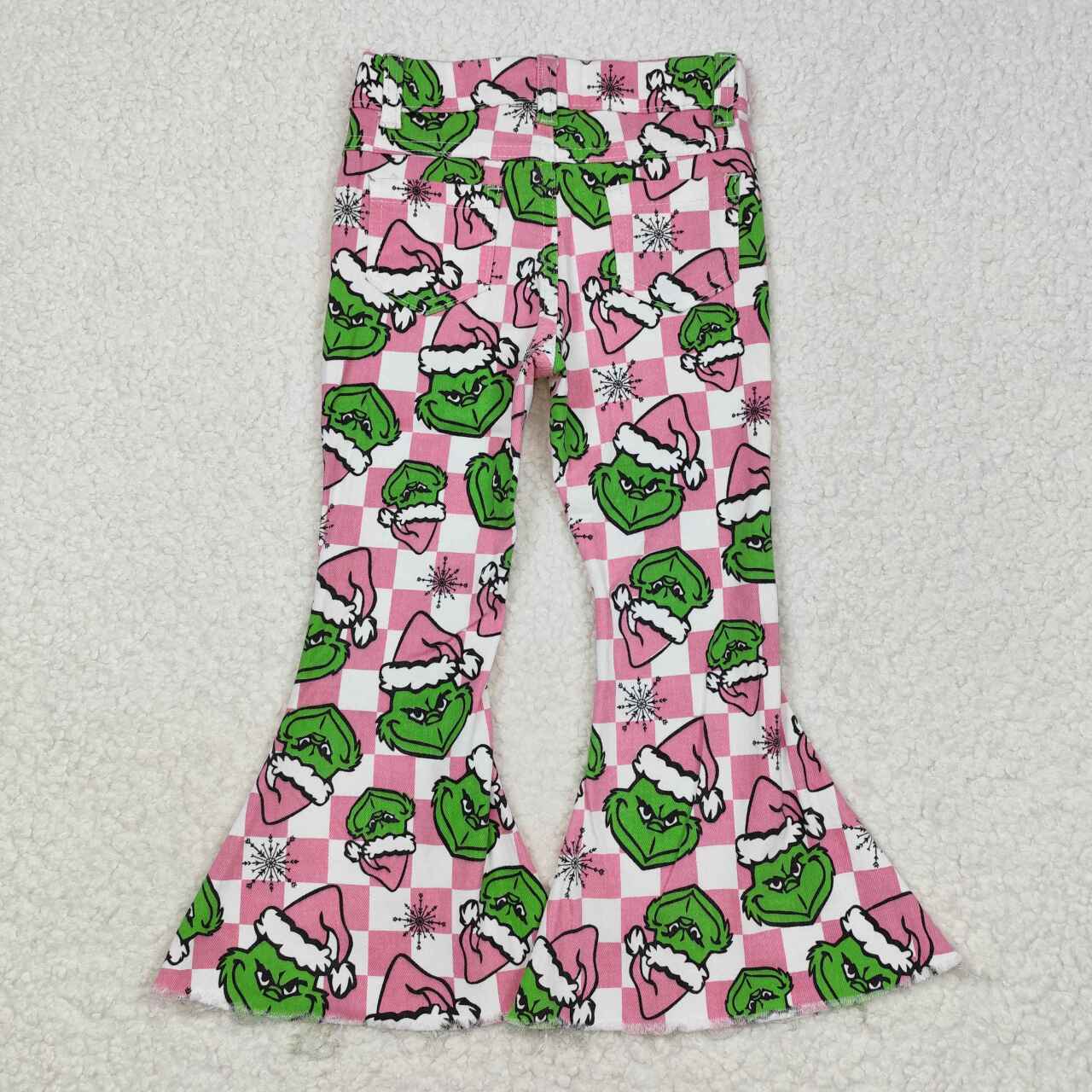 pink christmas grinch bell denim jeans