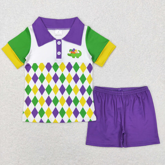 kids boy purple green yellow madi gras print shorts set