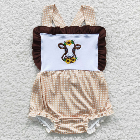 gingham sunflower cow embroidery baby girls romper