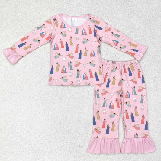 girl long sleeve nativity pajama set pink