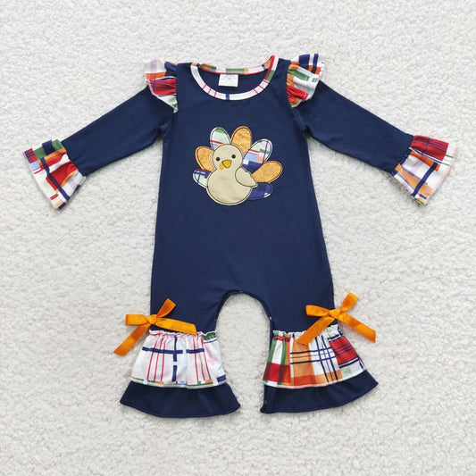 baby girl navy blue thanksgiving day turkey embroidery romper