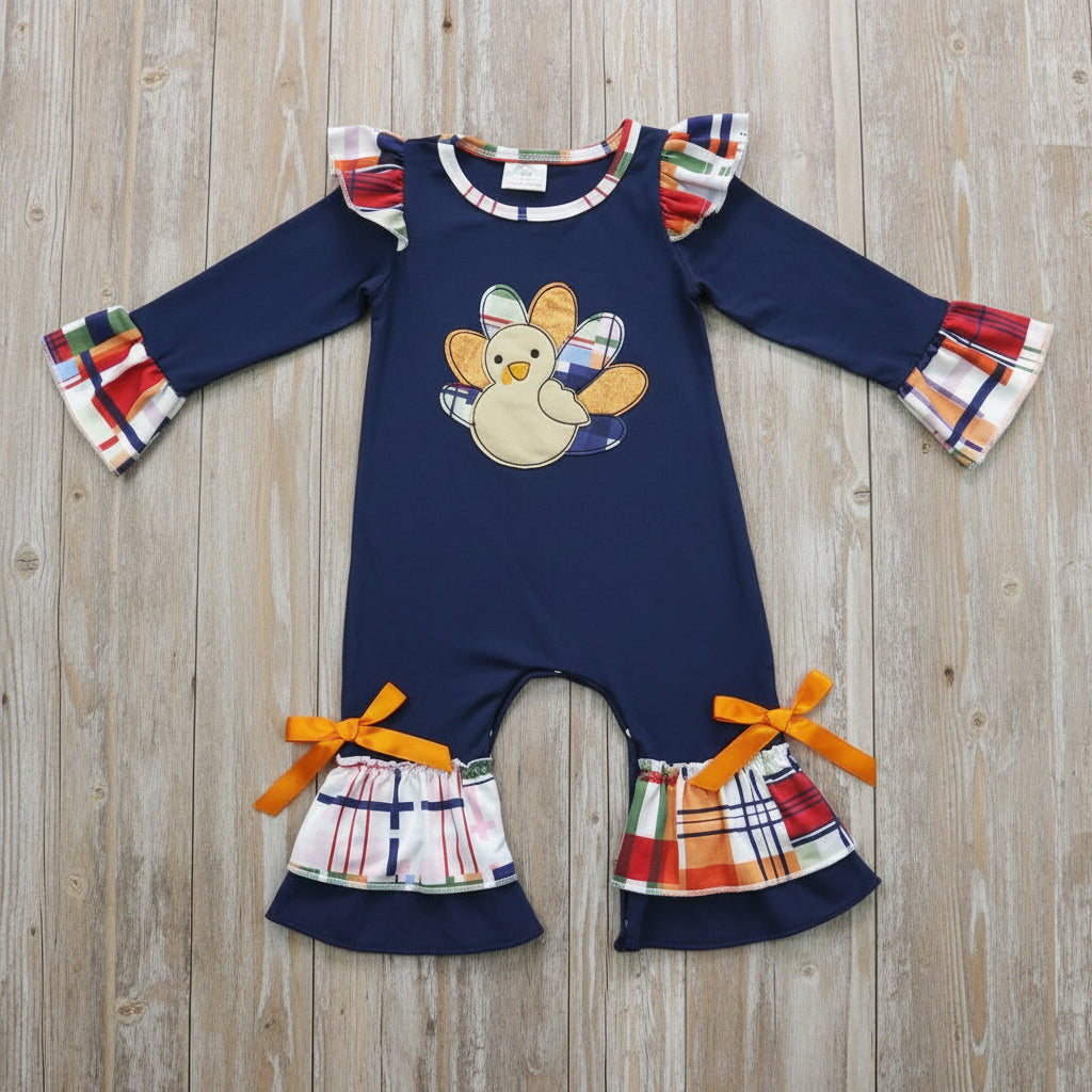 baby girl navy blue thanksgiving day turkey embroidery romper
