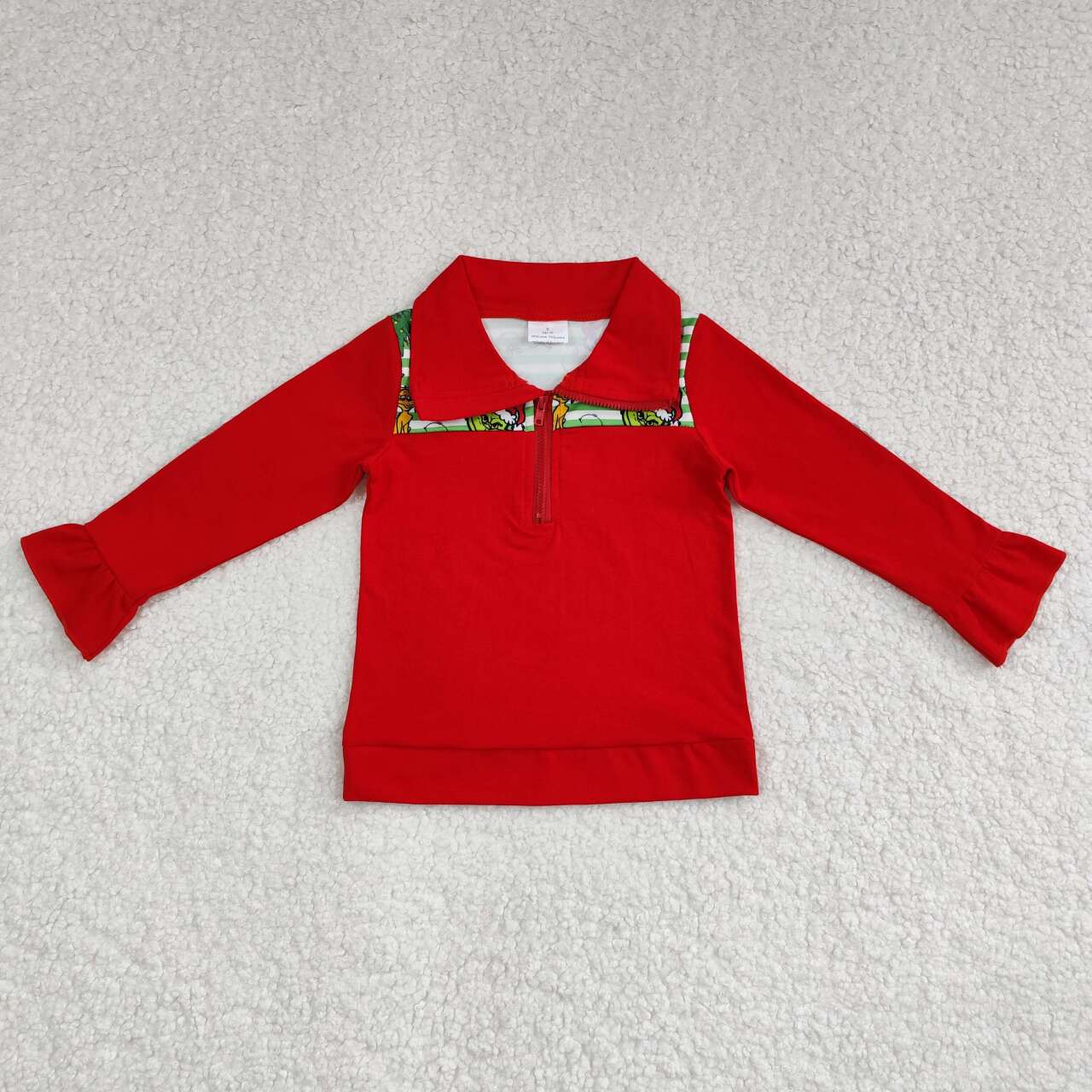 girl Christmas grinchey vibes red ruffle zip pullover top