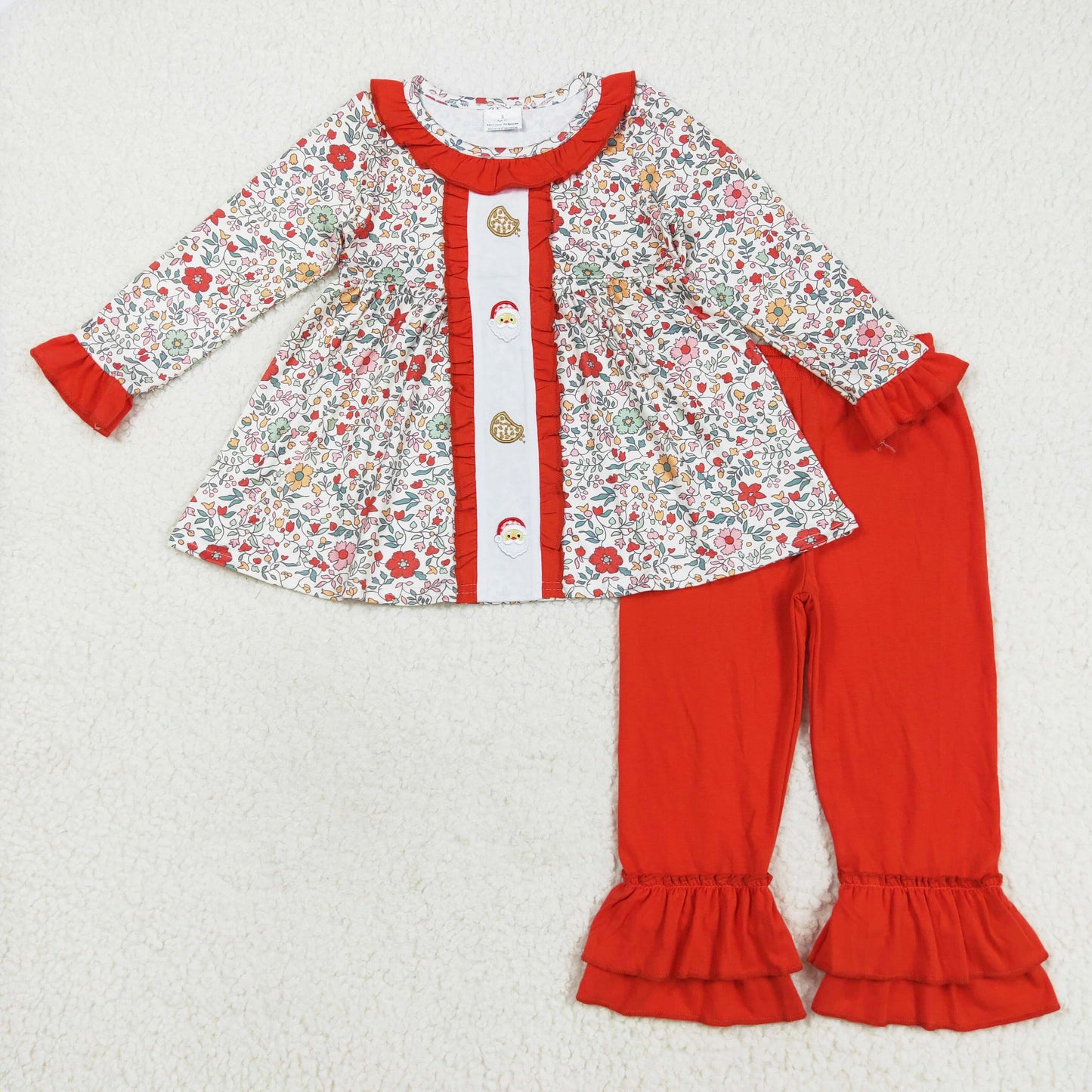 Christmas flower santa biscuit embroidery ruffle pants set girls outfit