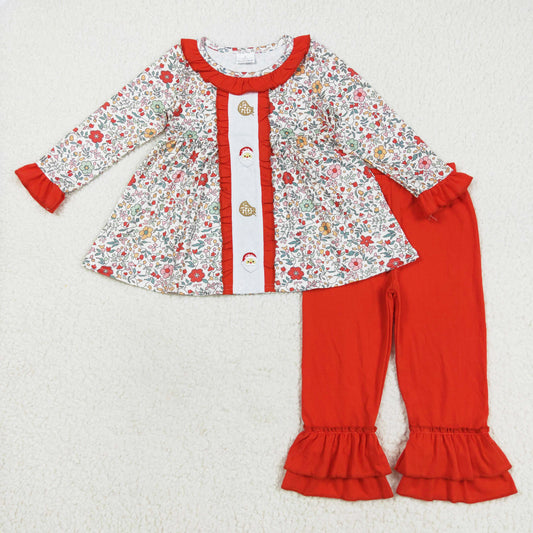 Christmas flower santa biscuit embroidery ruffle pants set girls outfit